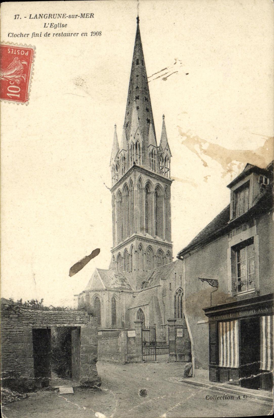 Langrune-sur-Mer — L'église, clocher fini de restaurer en 1908 — Collection A.O.