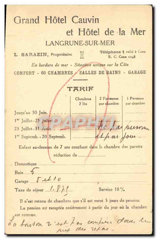 CPA Langrune Sur Mer Grand Hotel et Hotel de la Mer Facture — Rückseite