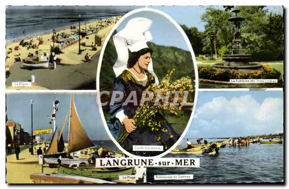 Langrune-sur-Mer — vue panoramique avec la digue, la plage, la fontaine des Trois Grâces et une femme en costume normand — éditeur Artaud, Nantes