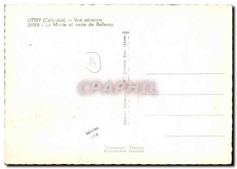 Littry (Calvados) — Vue aérienne — La mairie et route de Balleroy — Éditions JPM — Verso