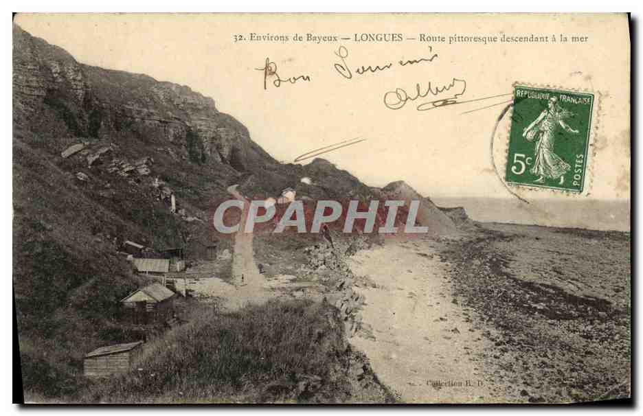 Environs de Bayeux — LONGUES — Route pittoresque descendant à la mer — Éditeur non visible, n° de série 32