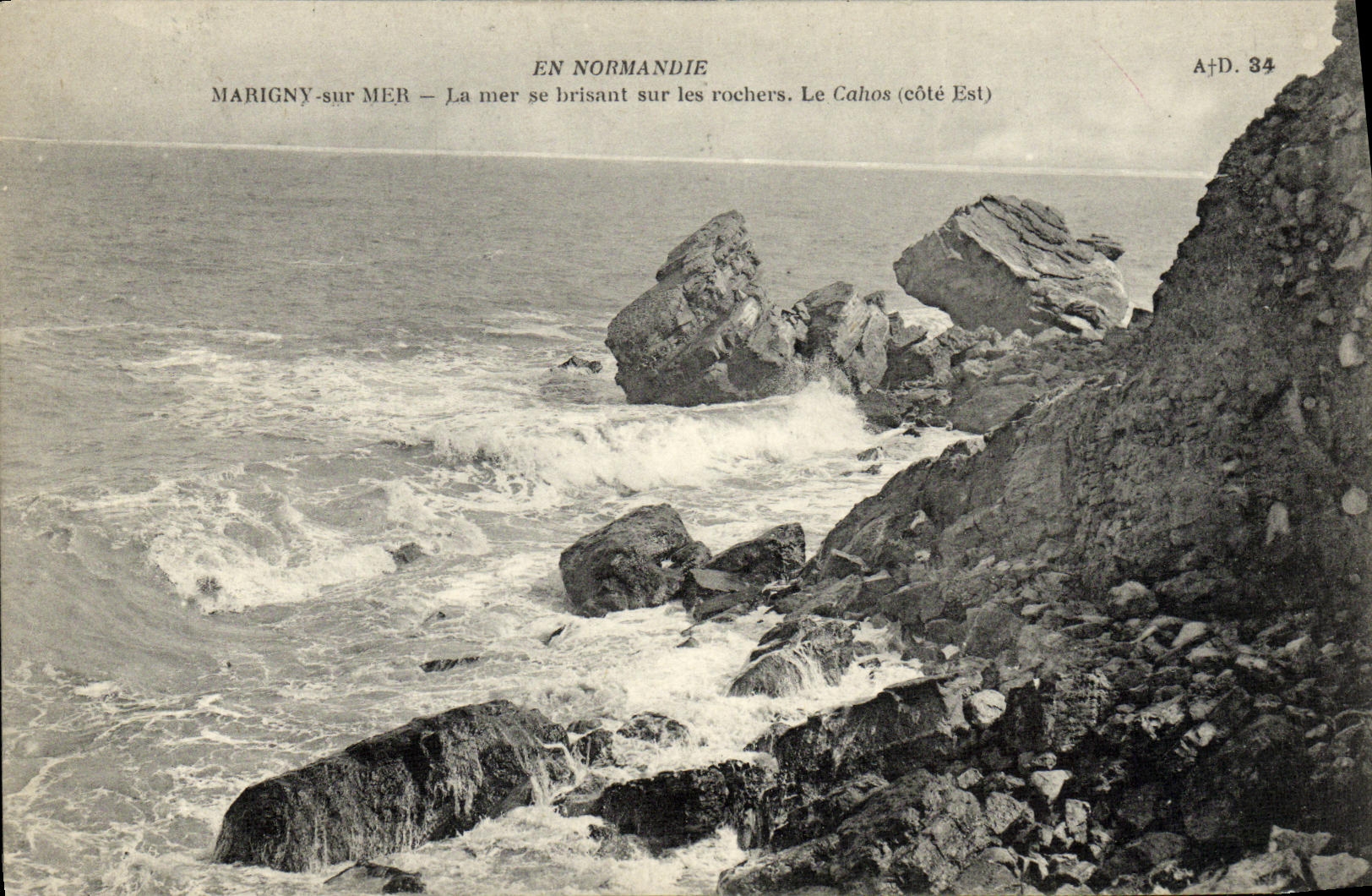 Marigny-sur-Mer — La mer se brisant sur les rochers. Le Cahos (côté Est) — A.D. 34