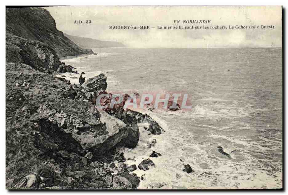 Marigny-sur-Mer — La mer se brisant sur les rochers, Le Cahos (côte Ouest) — A. Tabouy, éditeur, Calvados