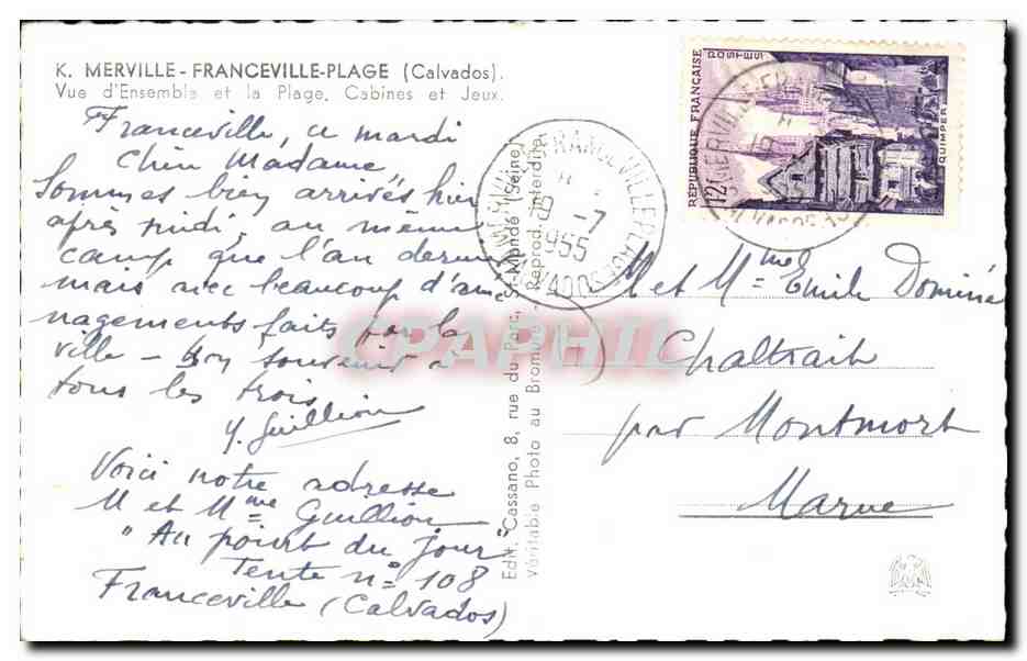 Franceville-Plage (Calvados) — Vue d'Ensemble et la Plage, Cabines et Jeux — Éd. Cassino, n° 108 — Reverso