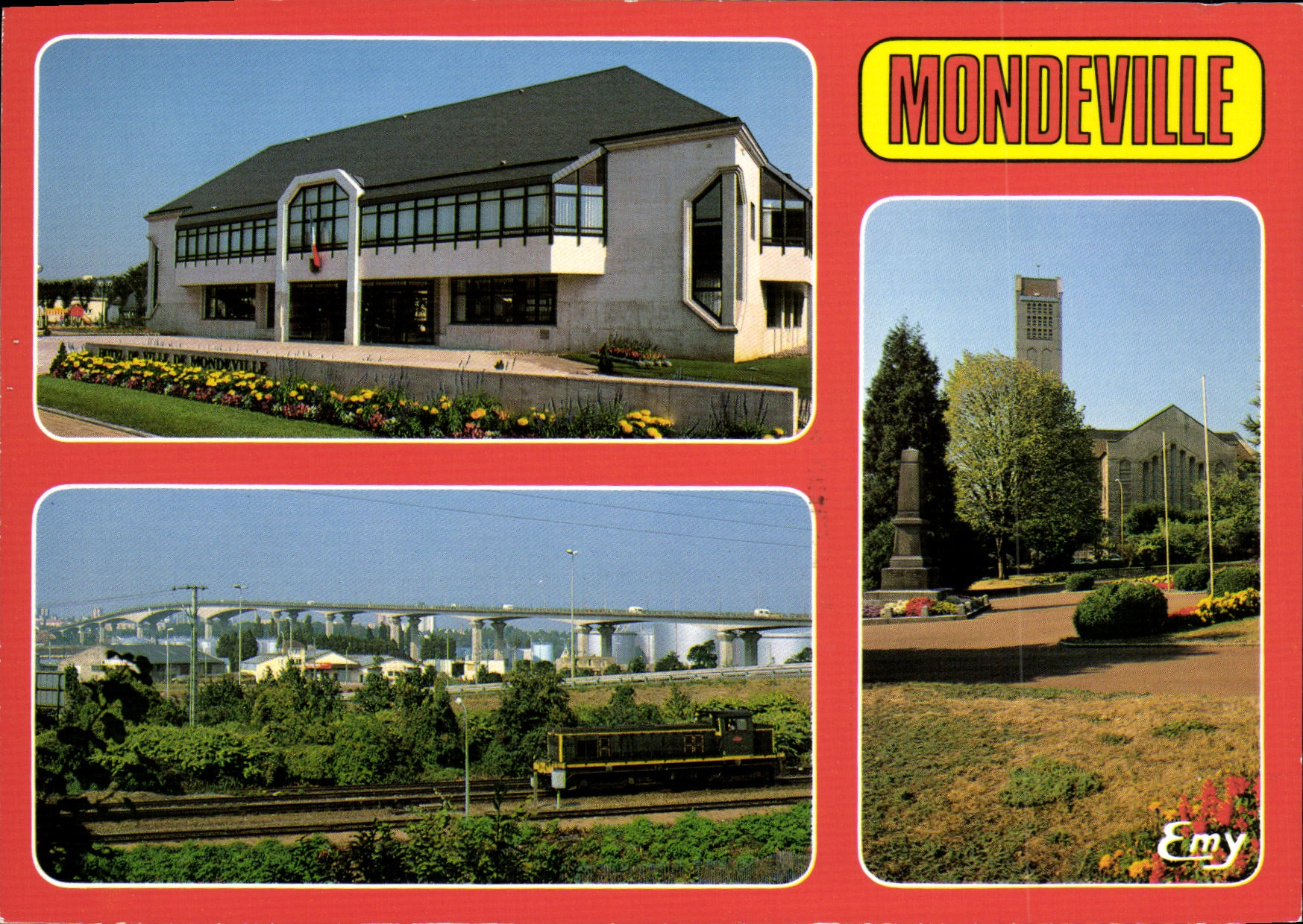 Mondeville — vue de la mairie, du viaduc, du jardin public et de l'église — Éditions Leconte