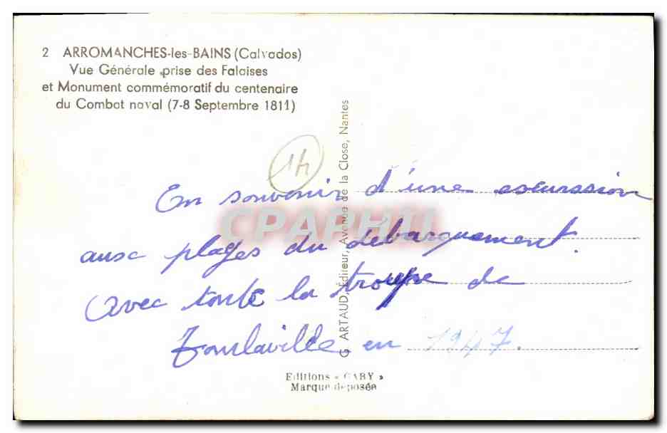 CPA Arromanches les Bains Vue Generale prise des Falaises et monument commemoratif du centenaire du combat naval 1811 — Rückseite