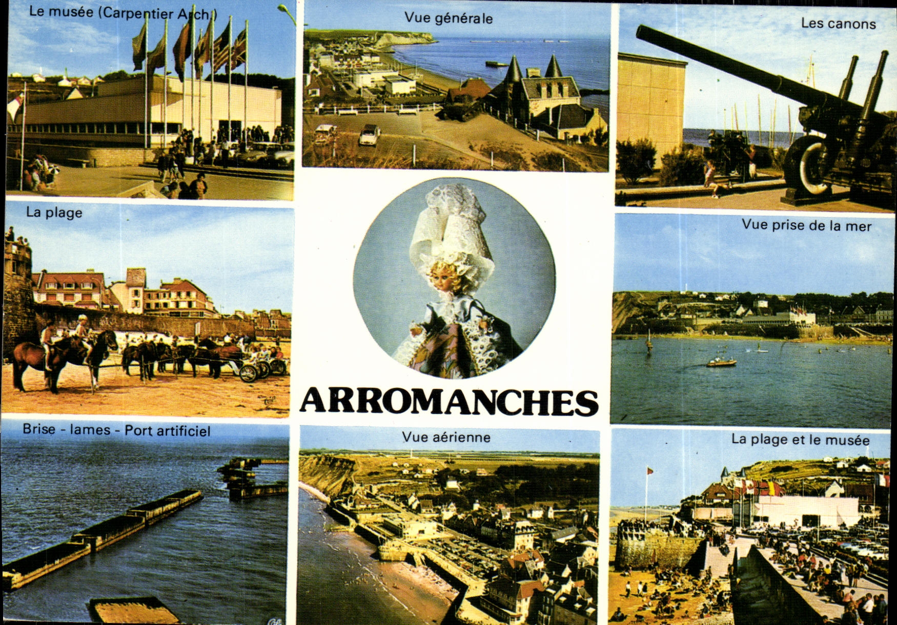 Arromanches — Vue générale, les canons, la plage, le musée (Carpentier Arch) — CPAPHIL