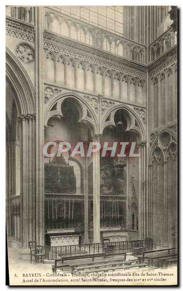 Bayeux - Cathédrale - Transept, chapelle méridionale dite de Saint-Thomas. Autel de l'Annonciation, autel Saint-Nicolas, fresques des XIVe et XVe siècles