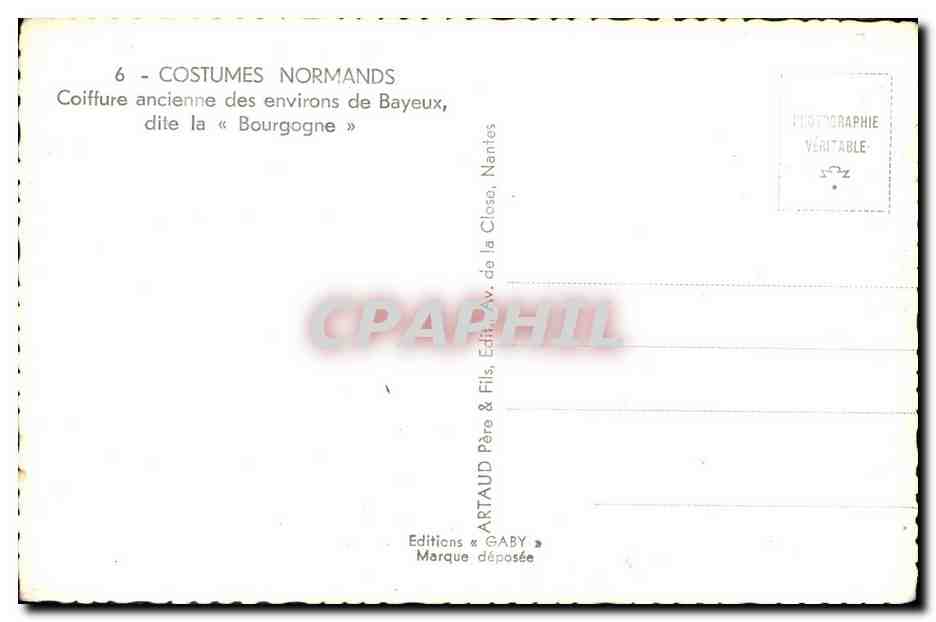 Coiffure ancienne des environs de Bayeux — dite la « Bourgogne » — Éditions Gaby, Nantes — Rückseite