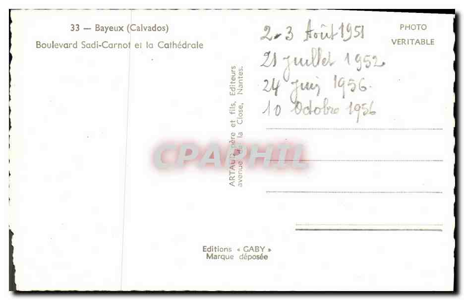 Bayeux (Calvados) — Boulevard Sadi-Carnot et la Cathédrale — Éditions GABY — Verso