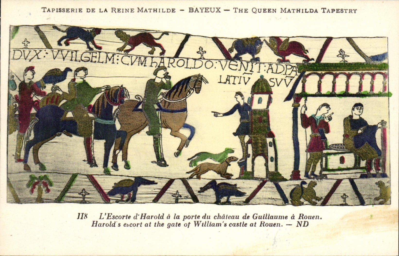 Tapisserie de la Reine Mathilde — Bayeux — The Queen Mathilda Tapestry — scène II8 : L'Escorte d'Harold à la porte du château de Guillaume à Rouen
