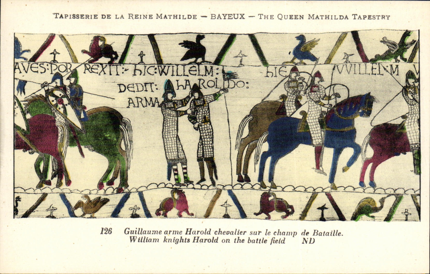 Tapisserie de la Reine Mathilde — Bayeux — The Queen Mathilda Tapestry — 126 Guillaume arme Harold chevalier sur le champ de Bataille