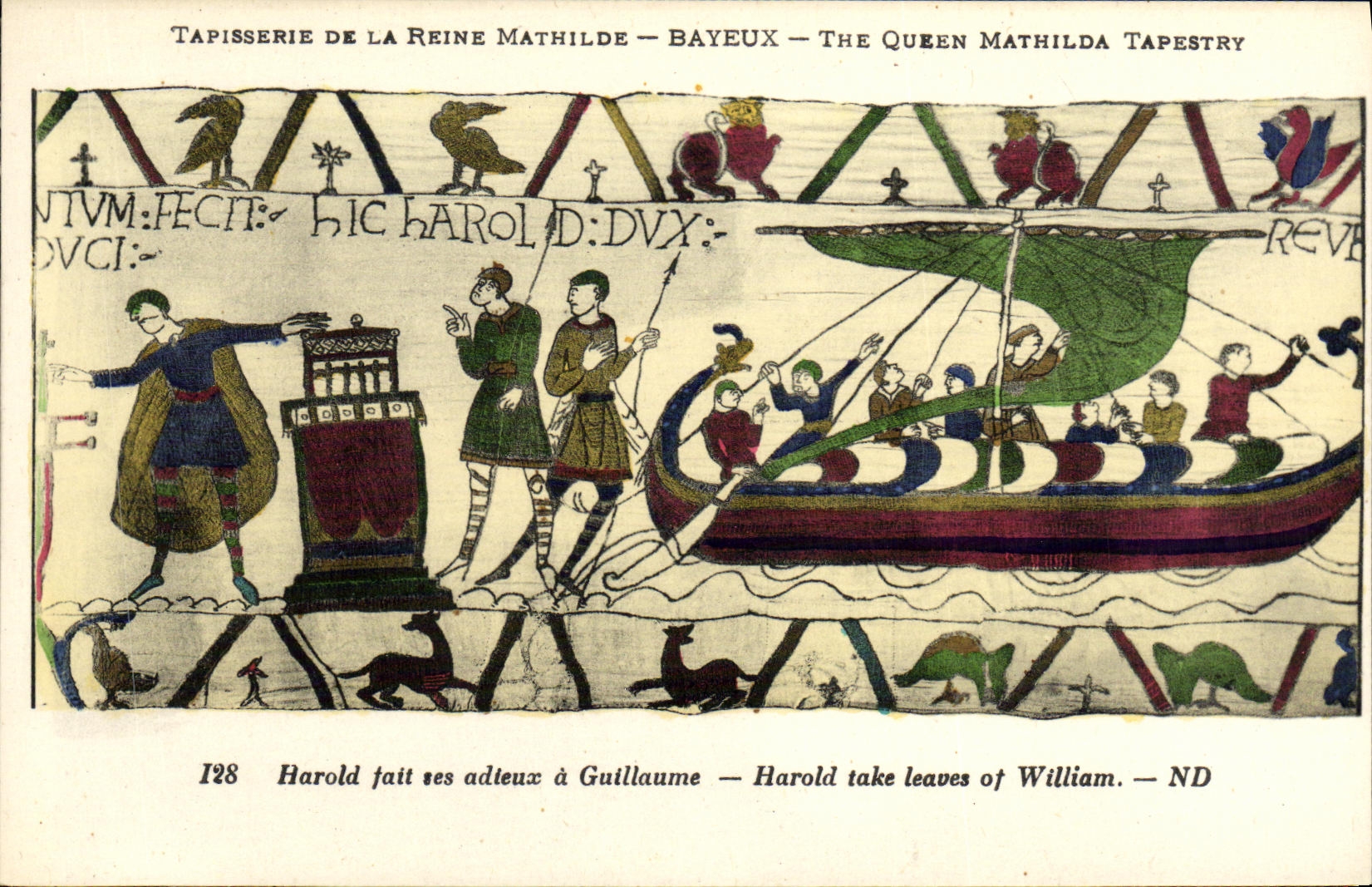 Tapisserie de la Reine Mathilde — Bayeux — scène d'Harold prenant ses adieux à Guillaume — n°128