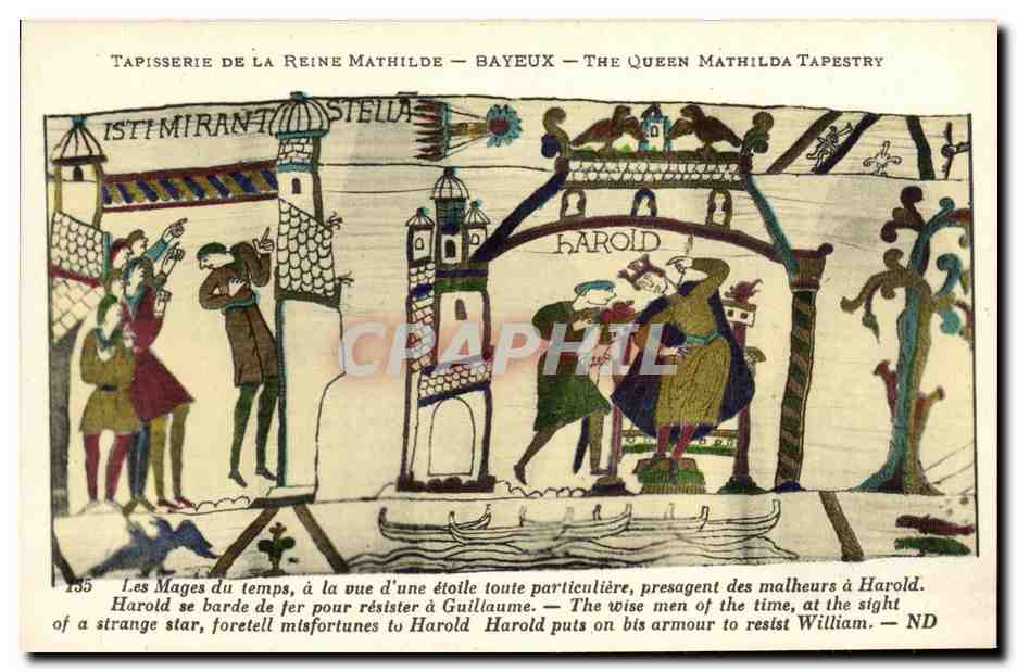 Tapisserie de la Reine Mathilde — Bayeux — Les Mages du temps, à la vue d'une étoile particulière, presagent des malheurs à Harold