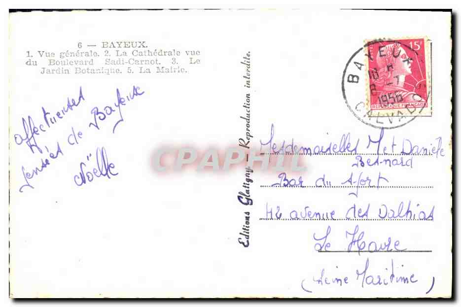 Bayeux — Vue générale, Cathédrale, Jardin Botanique, Mairie — Éditions Glatigny — Verso