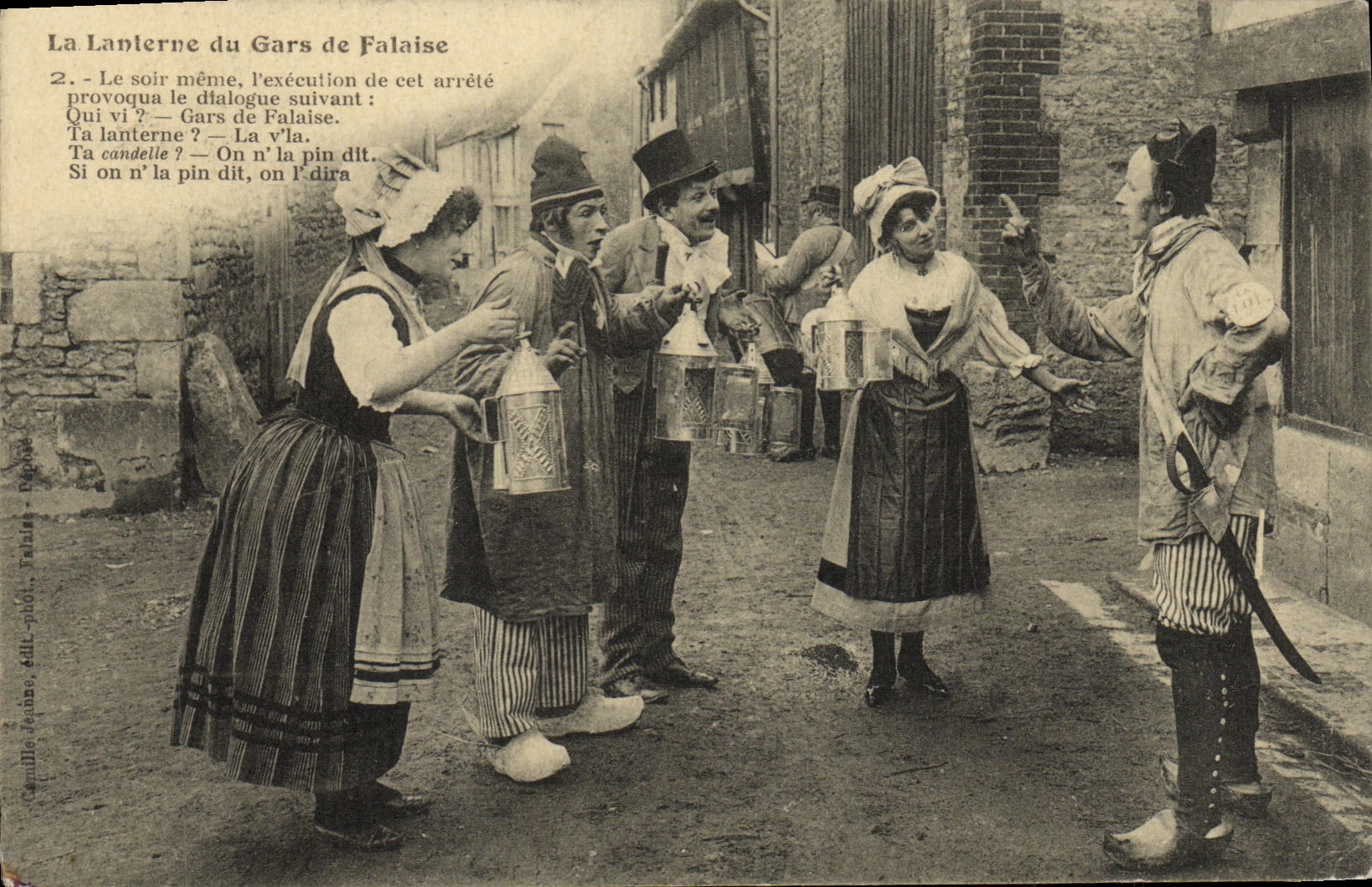 La Lanterne du Gars de Falaise — scène comique avec personnages en costume — Camille Jéanne, édit. Tarnais, n°2