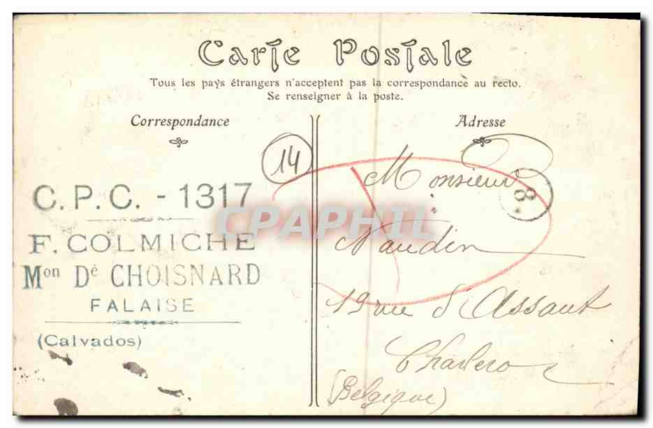 Falaise — Le Château, vue prise du Mont Myra — Éditeur C.P.C. n°1317 — Rückseite