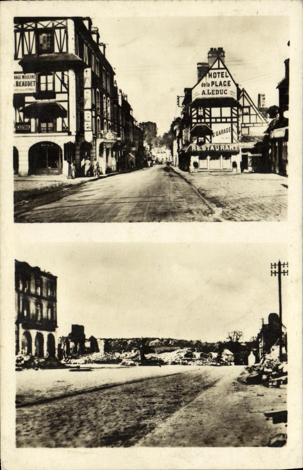 FALAISE — Rue St-Gervais et Rue de Caen — vue avant et après dégâts de guerre — éditeur REAL-PHONO