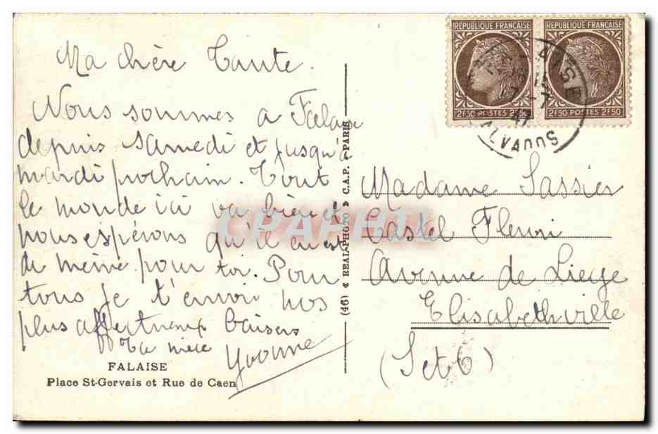 FALAISE — Rue St-Gervais et Rue de Caen — vue avant et après dégâts de guerre — éditeur REAL-PHONO — Verso