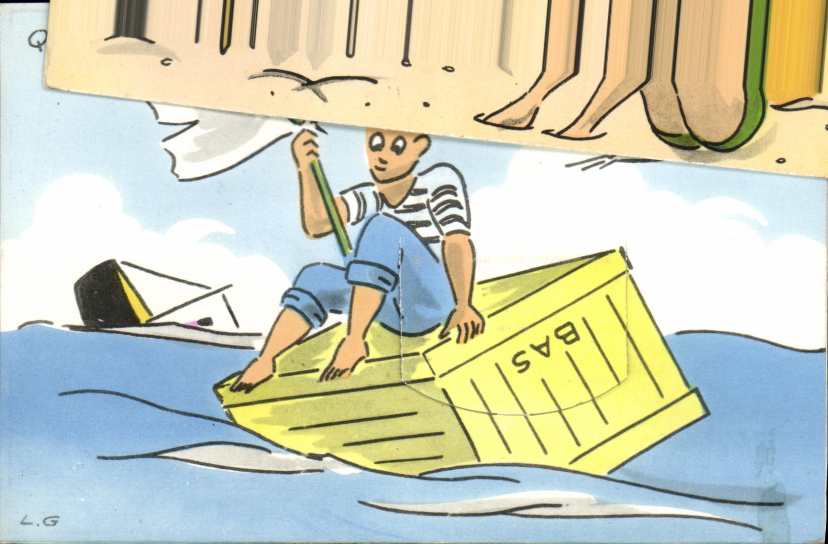 Junge in einem gelben Boot — Strand und Füße im Hintergrund — Zeichnung L.G.