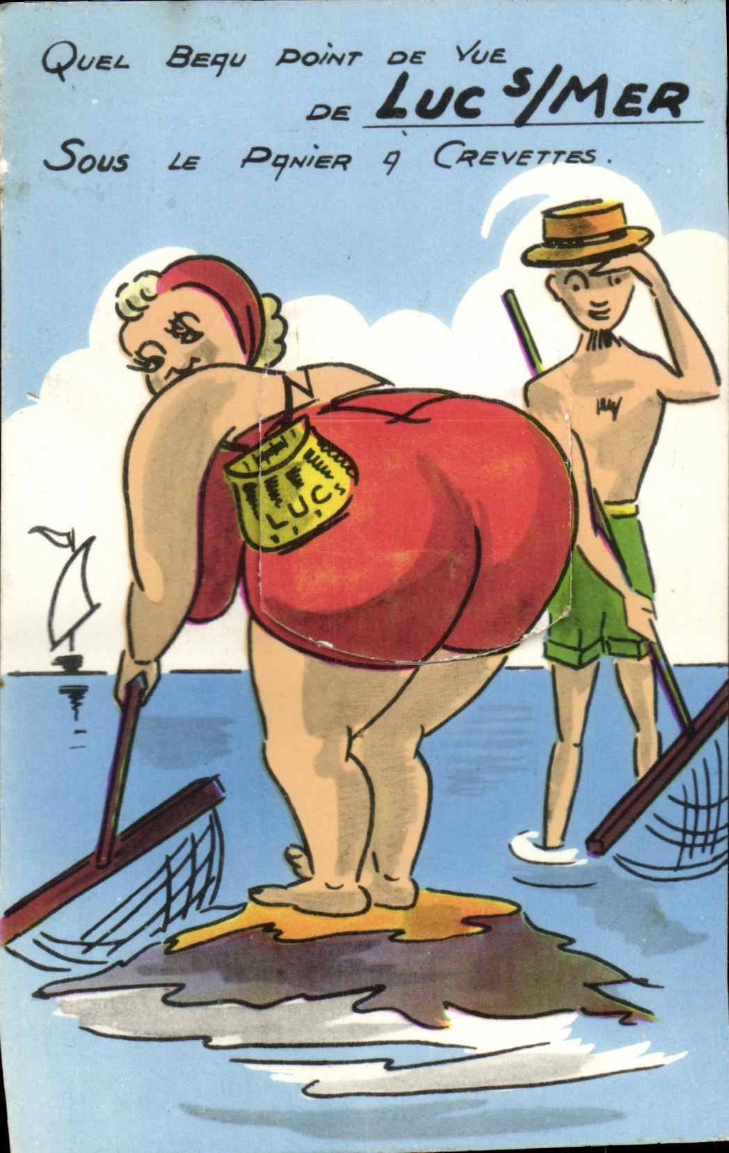 Lucs-sur-Mer — humorvoller Szene mit Frau und Mann im Badeanzug — Verlag: Édit. Fang, in Lucs-sur-Mer (Seriennummer nicht lesbar)