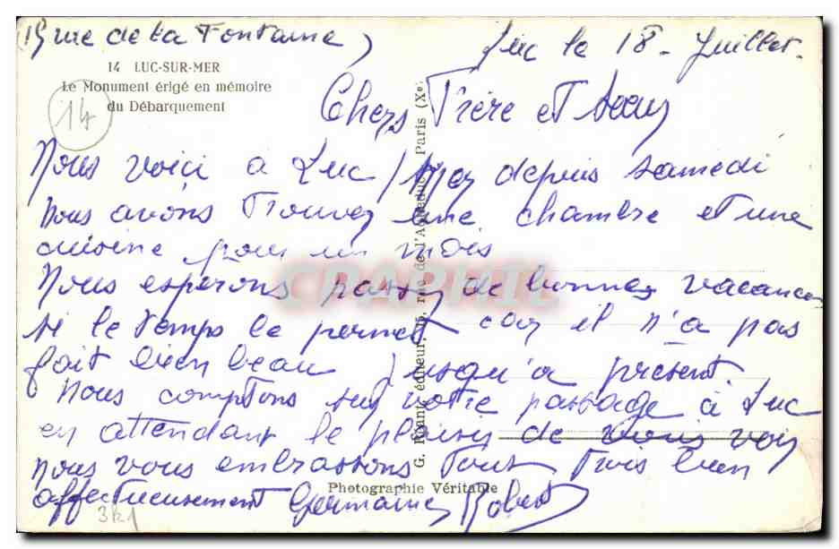 CPM Luc Sur Mer Le Monument Erige en Memoire du debarquement Militaria  — Verso