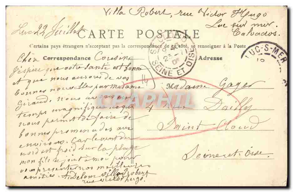 CPA Luc Sur Mer Rue Gambetta et Victor Hugo Villa robert — Rückseite