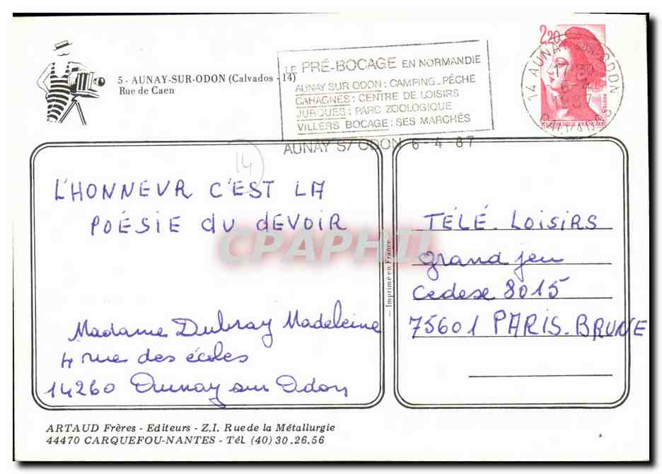 Aunay-sur-Odon — rue principale avec hôtel-restaurant et maison de presse — Artaud Frères — Verso