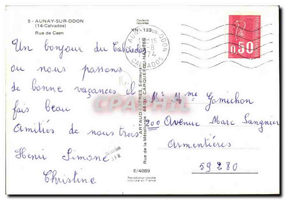 CPM Aunay sur Odon Rue de Caen Maison de la Presse Hotel Restaurant St Michel — Rückseite
