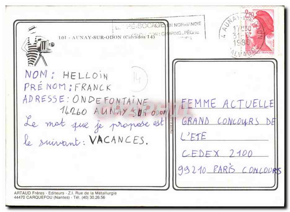 CPM Aunay sur Odon Rue d Harcourt Hotel de ville Eglise Plessis Grimoult Hotel de la place — Rückseite
