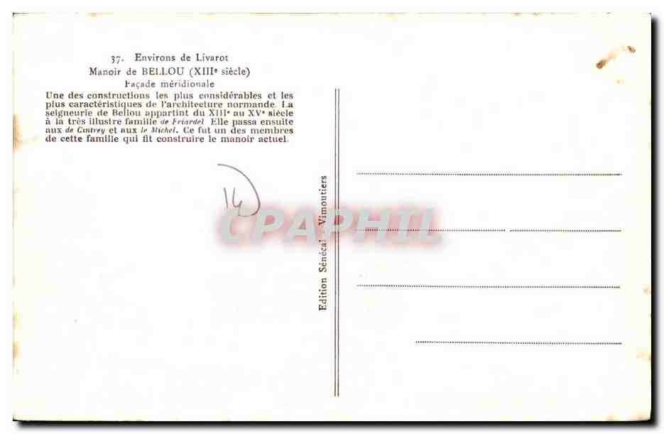 Manoir de Bellou (Env. Livarot) — façade méridionale — Édition Générale Vimoutiers — Reverso