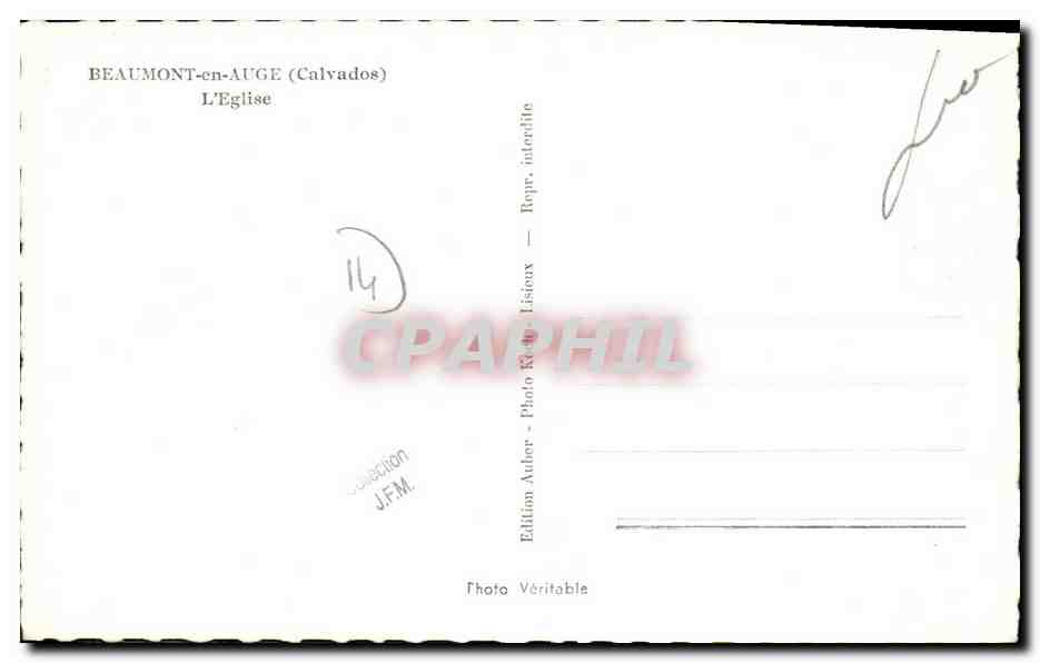 Beaumont-en-Auge (Calvados) — L'Église — Édition J.F.M. n°14 — Verso