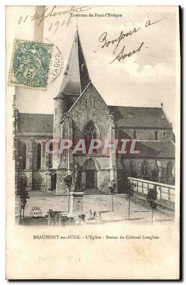 Beaumont-en-Auge - Die Kirche - Statue des Colonel Langlois — photo A. Granger, lith. publ. Pont-l'Évêque
