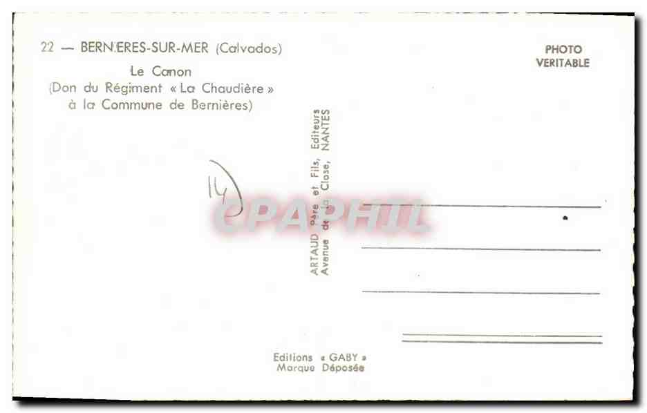 CPM Bernieres sur Mer Le Canon Don du regiment La Chaudiere  — Verso