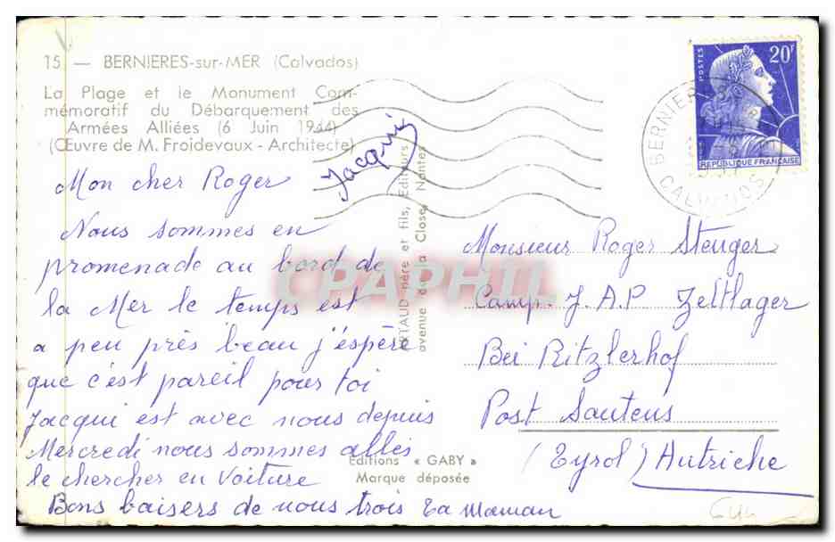 CPM Bernieres sur Mer La Plage et le Monument Commemaratif du Debarquement des Armees alliees Militaria — Verso