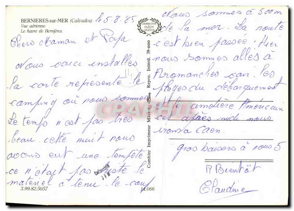 Bernières-sur-Mer — Vue aérienne du camping et du paysage côtier — Imprimerie Mâcon — Verso