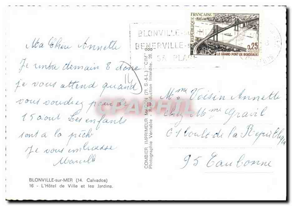 Blonville-sur-Mer — L'Hôtel de Ville et les Jardins — Imprimeur Combiér — Verso