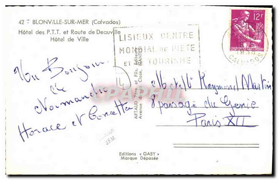 CPM Blonville sur Mer Hotel des P T T et Route de Deauville Hotel de Ville — Rückseite