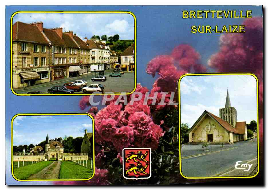 CPM Bretteville sur Laize La place de la mairie Le manoir de Quilly L eglise Notre Dame de la Visitation