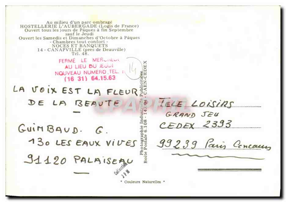 Innenraum einer Herberge in Canapville — Hostellerie L'Aubergade — Verlag Photographe Postale 6.108 — Rückseite