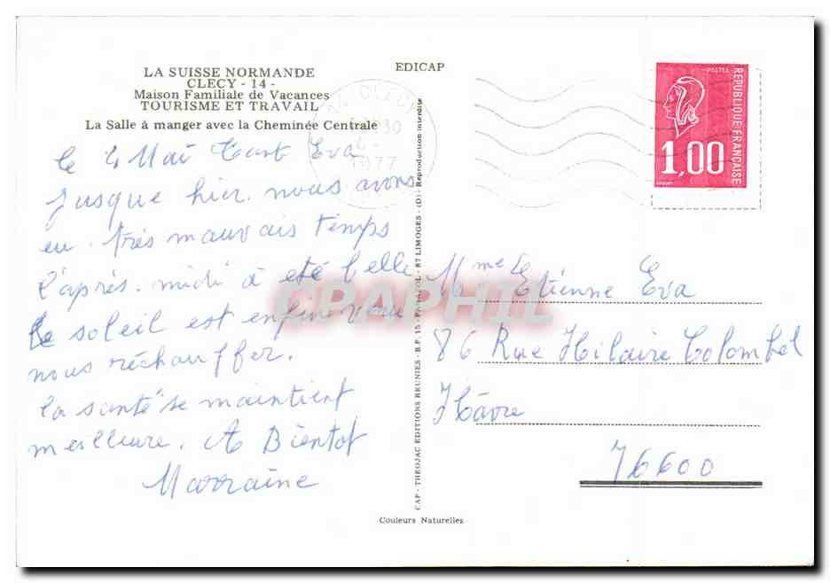 CPM La Suisse Normande Clecy Maison Familiale de Vacances Tourisme et Travail La salle a manger avec cheminee centrale — Rückseite