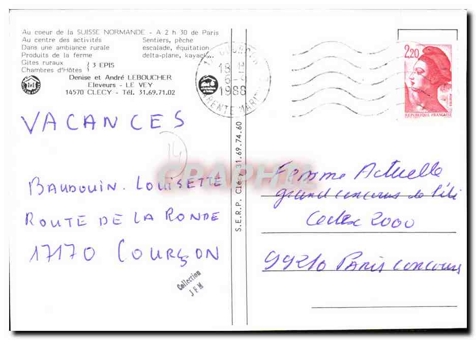 CPM Le Vey Vacances a la ferme — Verso