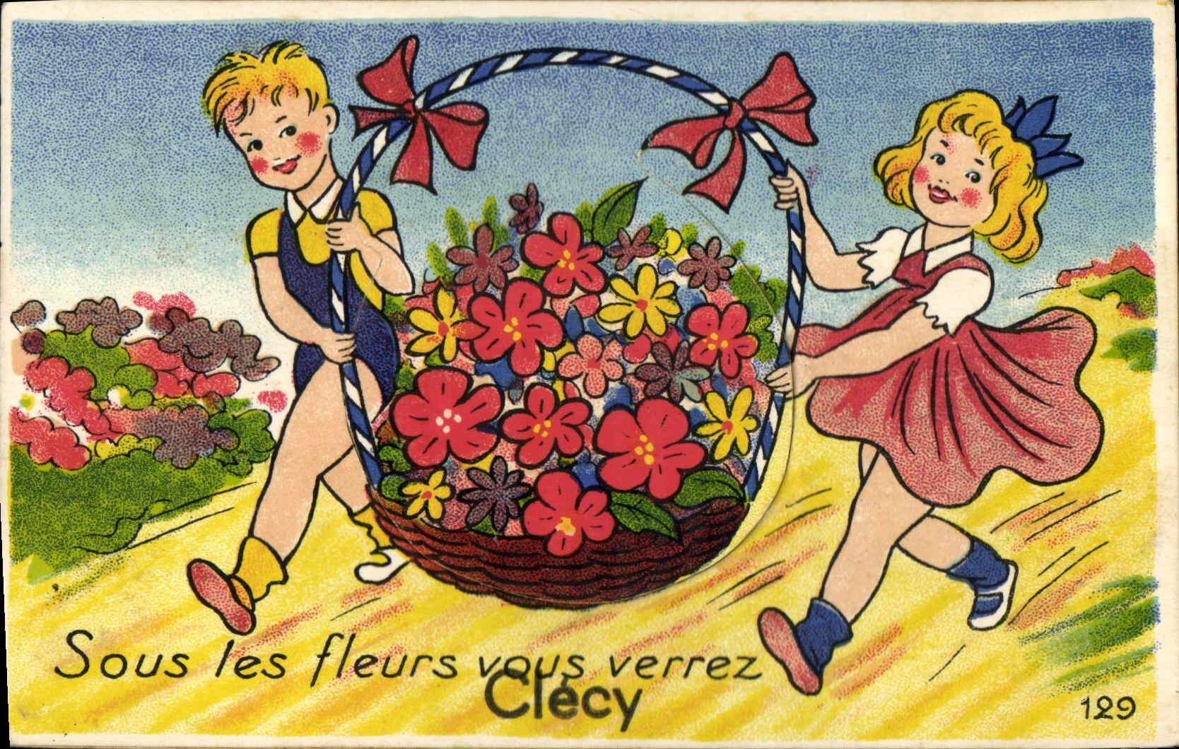 Enfants portant un panier de fleurs — Clécy — Éditions Gaby n°129