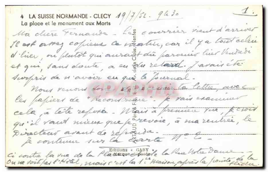 CPM Clecy La Place et le Monument aux Morts — Rückseite