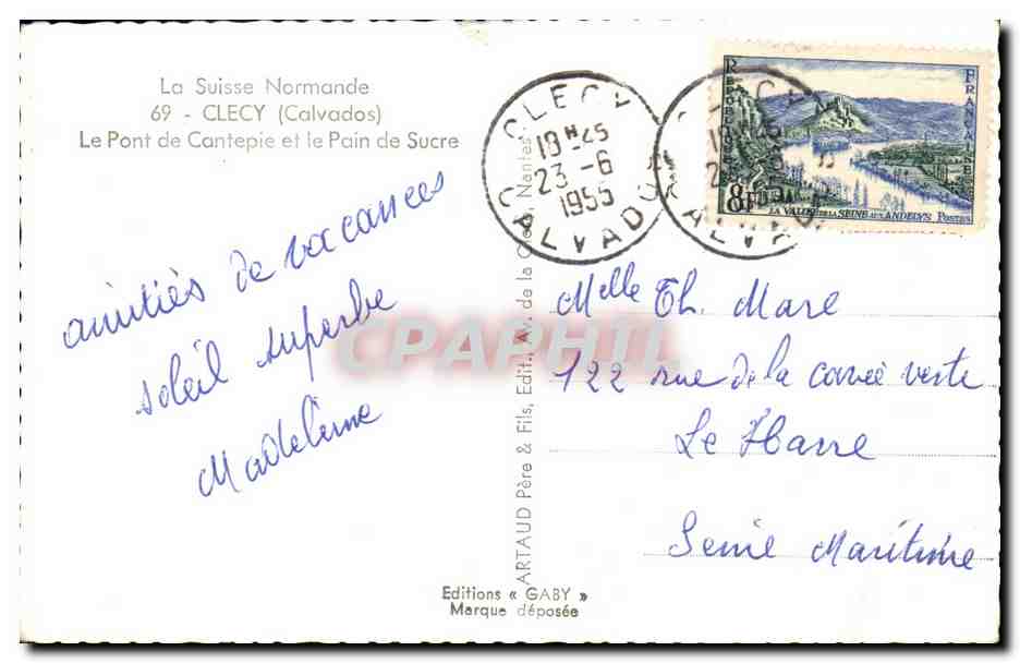 Le Pont de Cantepeie et le Pain de Sucre — La Suisse Normande — Éditions ARTAUD Père & Fils, CLECY — Verso
