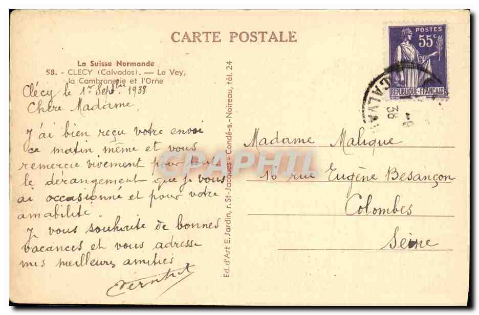 Le Vey, Clecy (Calvados) — La Cambronne et l'Orne — Éd. d'Art E. Jardin, r. St-Jacques - Caen — Rückseite