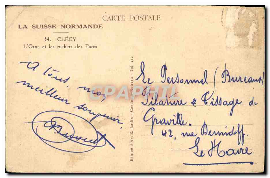 L'Orne et les rochers des Parcs — Clécy — Édition d'Art E. Jardin - Condé-sur-Noireau — Verso