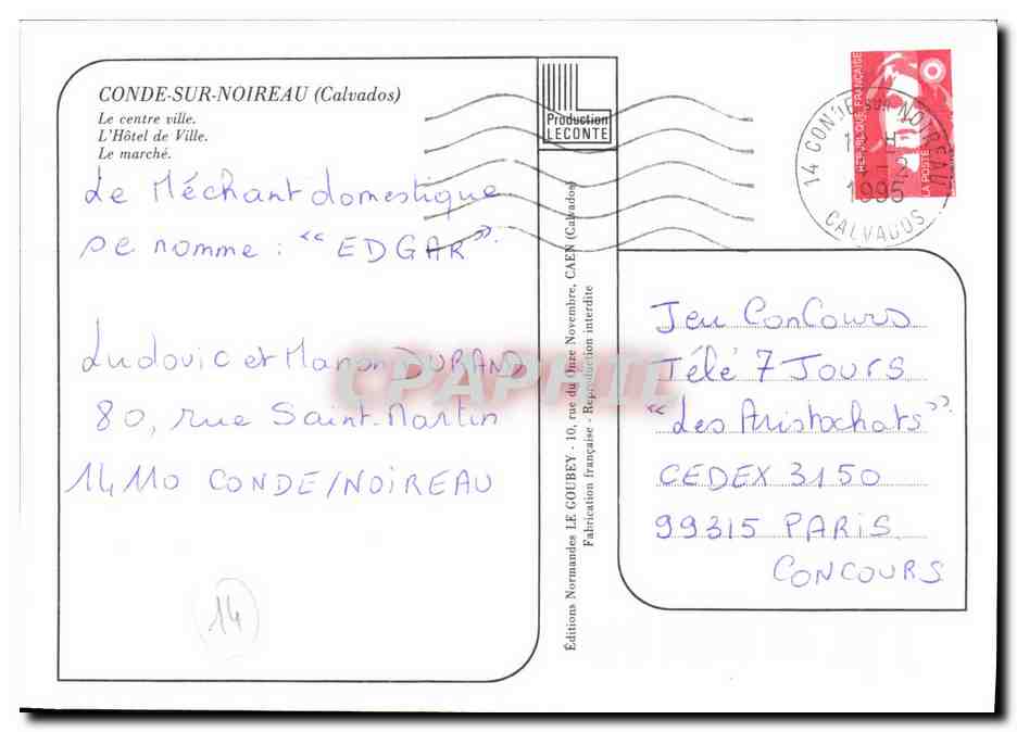 CPM Conde Sur Noireau Centre ville Hotel de ville Marche  — Verso