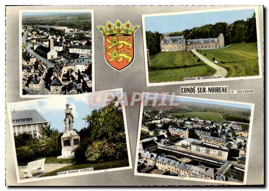 Condé-sur-Noireau — vue générale, château de Pontecoulant, église, statue Dumont d'Urville — Imprimeur Combier