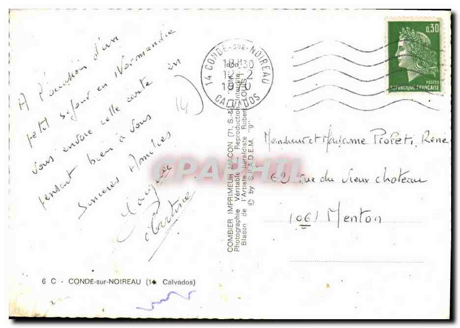 Condé-sur-Noireau — vue générale, château de Pontecoulant, église, statue Dumont d'Urville — Imprimeur Combier — Verso